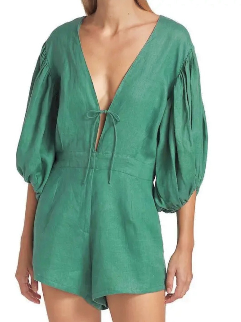 SWF Revolve Linen Puff Sleeve Romper Green Resort Vacation S/W/F Medium